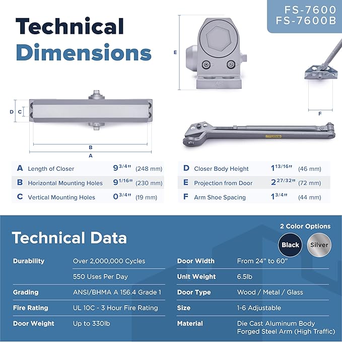 Commercial Door Closer Heavy Duty - Automatic Door Closer for Commercial Use - Grade 1 Auto Hydraulic Spring Hinge - FS-6300 UL & ADA ANSI A156.4 Grade 1 Door Closers Closure Soft Closing Arm