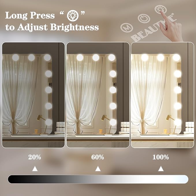 BEAUTME Large Vanity Mirror with Lights, 36''×24'' Makeup Mirror, Light up Mirror with 16 Dimmable LED Bulbs and 3 Color Lighting Modes, Tabletop or Wall Mounted, Silver