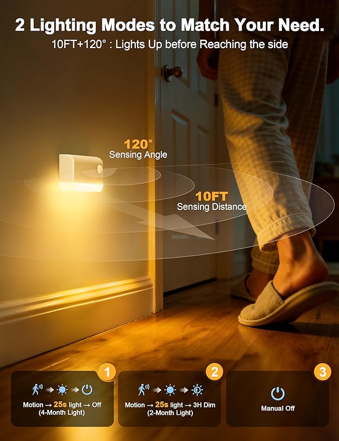 VOLISUN Motion Sensor Night Light, Rechargeable Stair Lights Indoor, Battery Operated Night Light for Hallway, Stairway, Bathroom, Bedroom, Kitchen, 3 Modes & 3 Color Temperatures(8 Pack White)