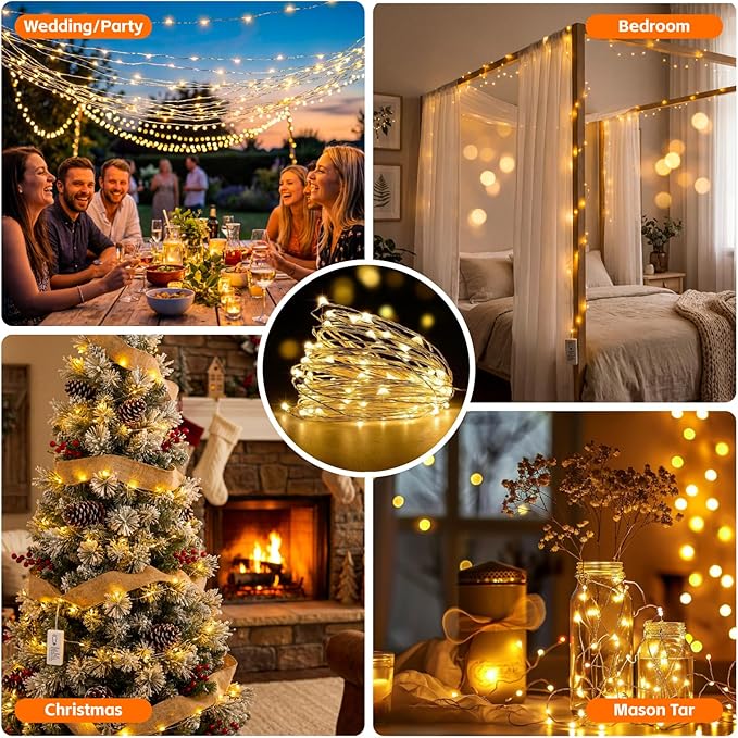 4 Pack Rechargeable Fairy Lights with Remote & DIY Timer, 7ft 20LED Dimmable Silver Wire String Light for Mason Jar, Mini Twinkle Lights for Indoor Christmas Bedroom Wedding Decor, Warm White