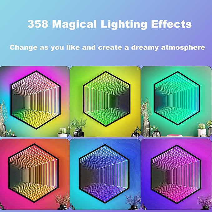 3D Infinity Mirror Light, 12" Hexagon LED Tunnel Wall Light with 358 LEDs, App & Remote RGB Color Changing Mirror for Gaming Room Decor, Party, Bar, Geometric Art Deco Wall Mounted