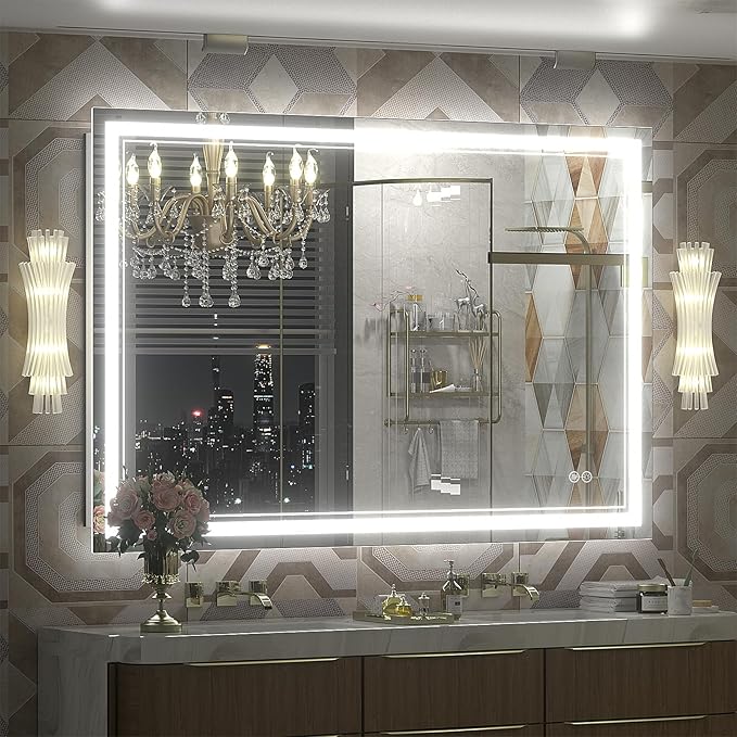 OKPAL 55x36 LED Bathroom Mirror with Lights, Anti-Fog Lighted Bathroom Mirror, Dimmable Lighted Mirrors for Bathroom Wall, LED Vanity Mirror, Shatterproof, ETL Listed, Horizontal/Vertical