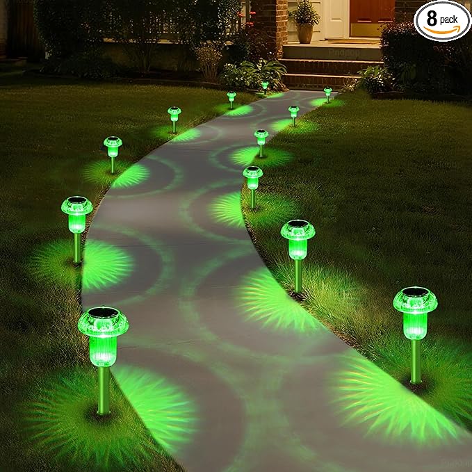 Solar Lights Outdoor Pathway Waterproof 8 Pack Green Stake LED Green Stake Acrylic Mushroom Decorative Garden Lights for Yard Landscape Patio Outside Decor