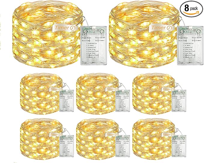 8 Pack 16FT 50 LED Fairy Lights Battery Operated with Timer, 8 Modes USB Mini Twinkle Light, Small String Lights for Wreath Vase Bedroom DIY Wedding Party Decorations-Warm White