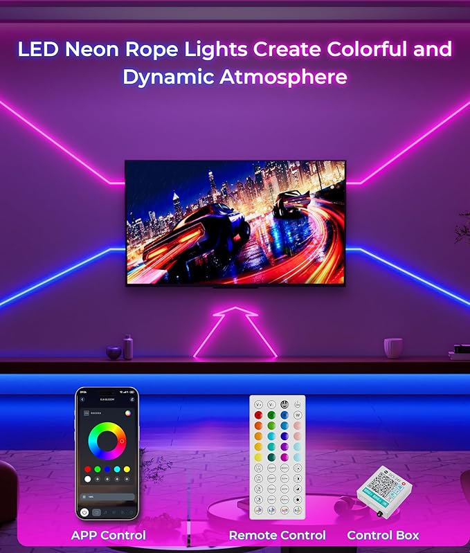 Neon Rope Lights Led 65FT - Flexible Led Strip Control with App/Remote Rope Lights Multiple Modes RGB IP65 Waterproof Outdoor Neon Music Sync Gaming Strip for Outdoor Christmas Decorations