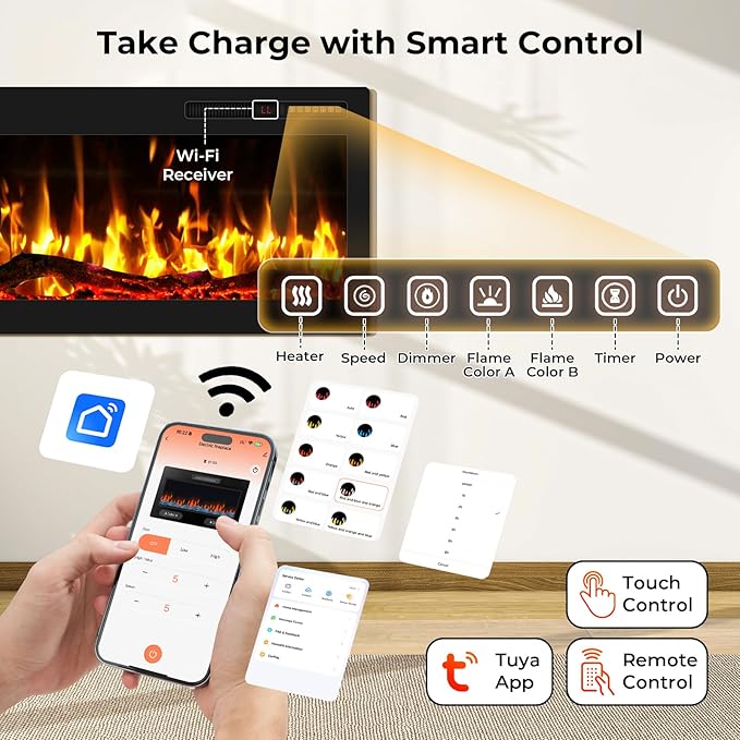 50" Smart WiFi Electric Fireplace with Sound Crackling Narrow Bezel Recessed and Wall Mounted Fireplace Heater with App, Remote Control, Log Flame Option, 750/1500W