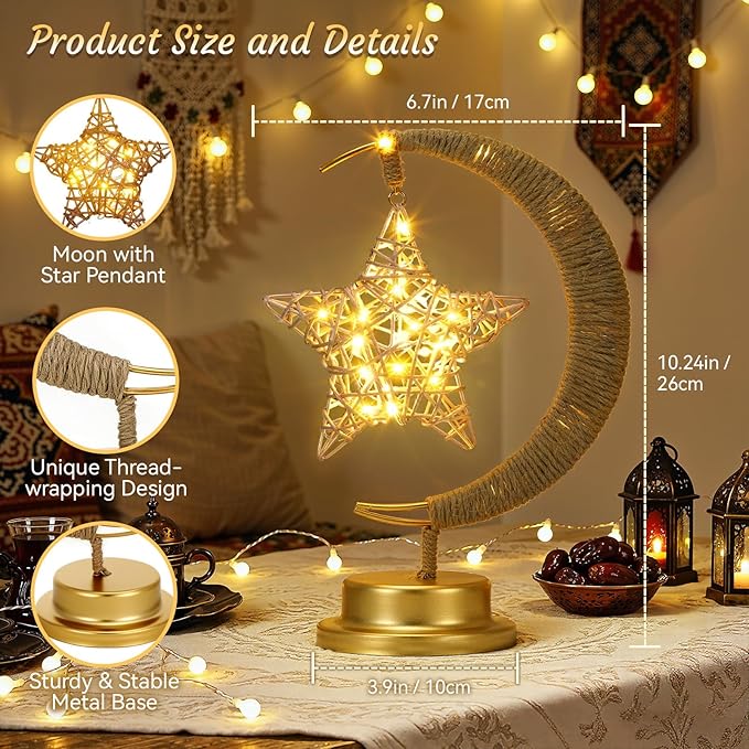 Lewondr Ramadan Moon Lamp with Rattan Star, Lunar Lamp for Night Stands, Battery Powered Ramadan Desk Lamps Decorations, Gold Crescent Table Light Bedside Lamps for Desktop Nursery Kids Room Decor