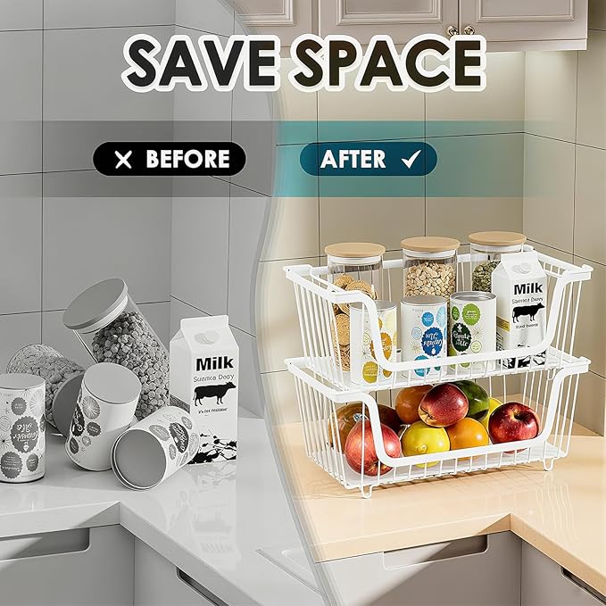 GAOKASE 4 Pcs Stackable Wire Baskets for Pantry Organizers and Storage,Vegetable Fruit Basket for Countertop,Kitchen Storage Metal Baskets,Produce Potato Onion Storage Bin,White