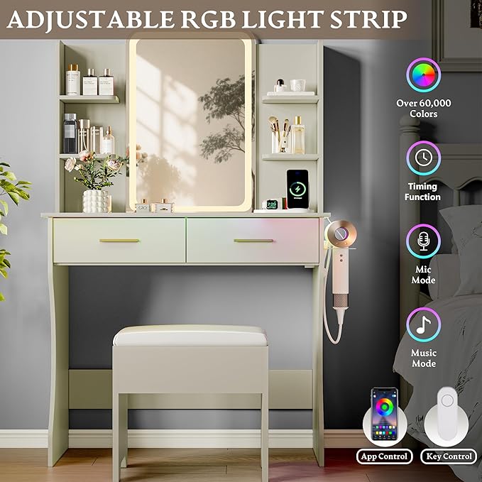 Makeup Vanity Desk with Mirror & Lights, Small Vanity Table Set for Girls with Chair & Power Outlet, Modern Dressing Table with 2 Drawers & 4 Storage Shelves, Adjustable RGB Lighting - Green
