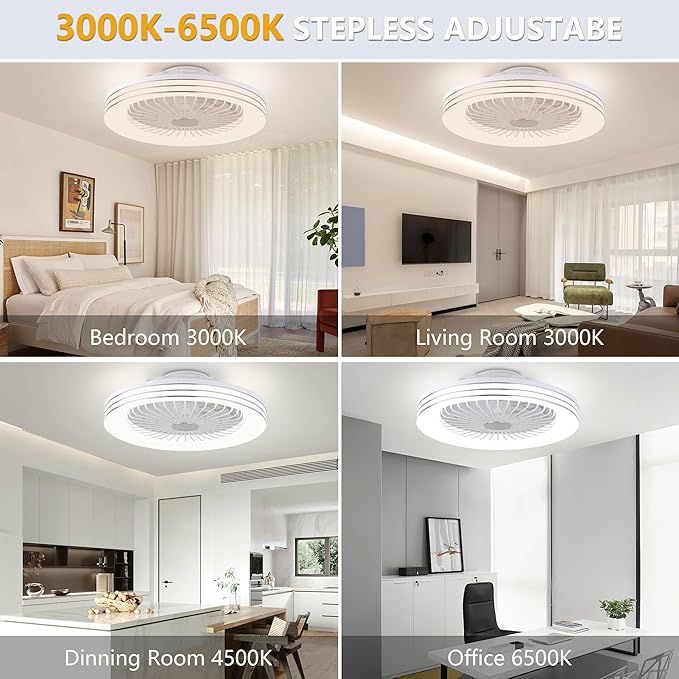 24" Low Profile Bladeless Ceiling Fan with Light, Enclosed Flush Mount Remote/APP Control, 3CCT Dimmable Light, Quiet 6 Speeds Timing Reversible