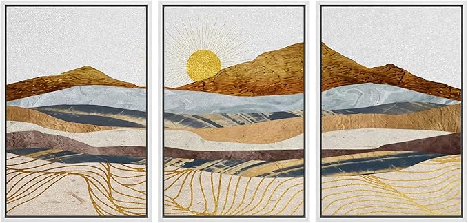 wall26 Framed Canvas Print Wall Art Set Gold Wave Geometric Mountain Range Nature Wilderness Illustrations Modern Art Decorative Landscape Zen for Living Room, Bedroom, Office - 24"x36"x3 White