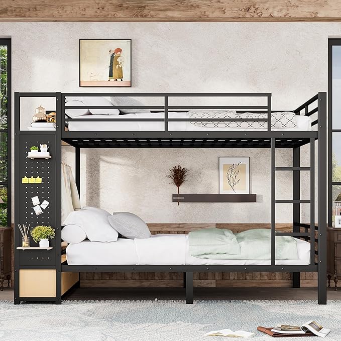 Bellemave Queen Over Queen Metal Bunk Bed with Storage Drawers and Shelves, Heavy Duty Bunk Beds with Pegboard and Coat Rack for Kids, Adults,Black