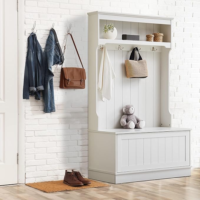 Modern Style 3-In-1 Entryway Hall Tree with Coat Racks and Storage Shelf,Bench and Shoe Cabinet,4 Hooks for Entrance,Hallway,Easy Assembly