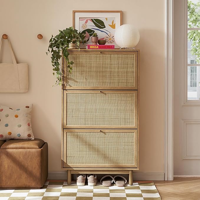 mopio Hannah Shoe Cabinet, Natural Rattan Farmhouse Shoe Storage Organizer, 3 Door Closet Rack for Entryway, Spacious Hallway Storage Cabinet with Doors & Shelves, Sturdy Solid Wood Legs (Riviera Oak)