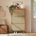 mopio Hannah Shoe Cabinet, Natural Rattan Farmhouse Shoe Storage Organizer, 3 Door Closet Rack for Entryway, Spacious Hallway Storage Cabinet with Doors & Shelves, Sturdy Solid Wood Legs (Riviera Oak)