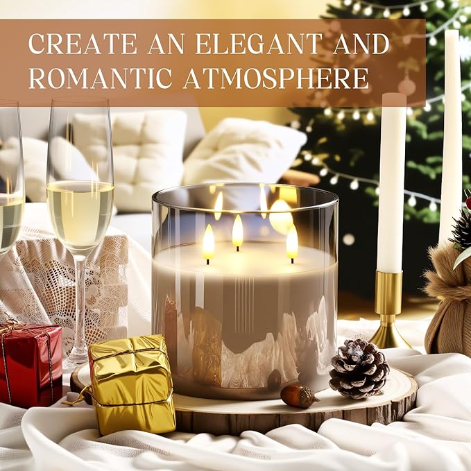 Retisee 6'' x 6'' Extra Large Flameless Candles, 3 Wick Glass Large Candles with Remote Control and Timer Function, Real Wax LED Pillar Flickering for St. Patrick's Spring Party Decor(Gray,1 Pcs)