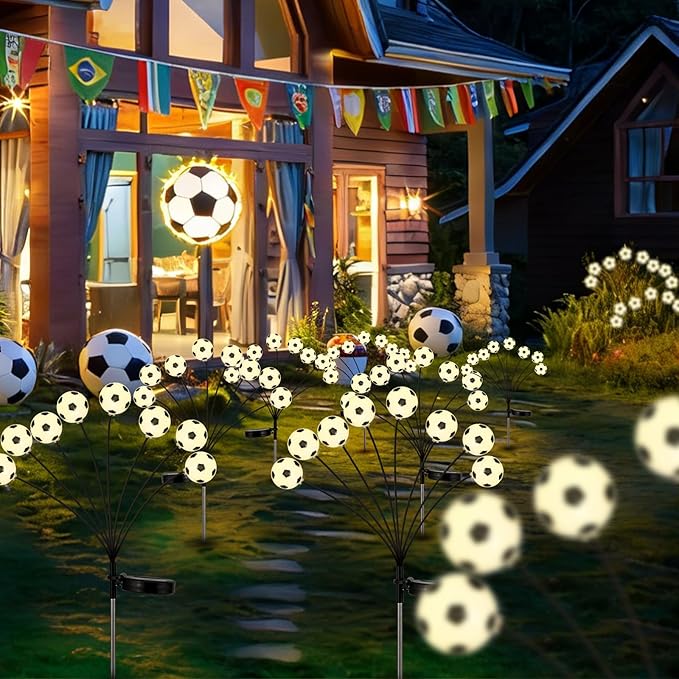 Solar Football Garden Lights – Swaying LED Solar Lights Outdoor for World Cup Decor, Outdoor Waterproof Patio & Yard Lights with Flexible Wire & Heavy Base, Warm White (4 Pack)