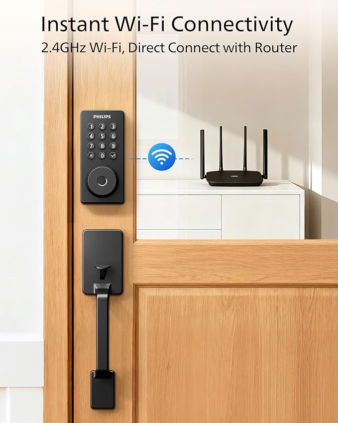Philips Wi-Fi Smart Door Lock Deadbolt with Handle Set, Keyless Entry Door Lock for Front Door Set, Portable Fingerprint Door Lock with App Control, IP53 Waterproof, Auto Lock, Alexa Voice Control