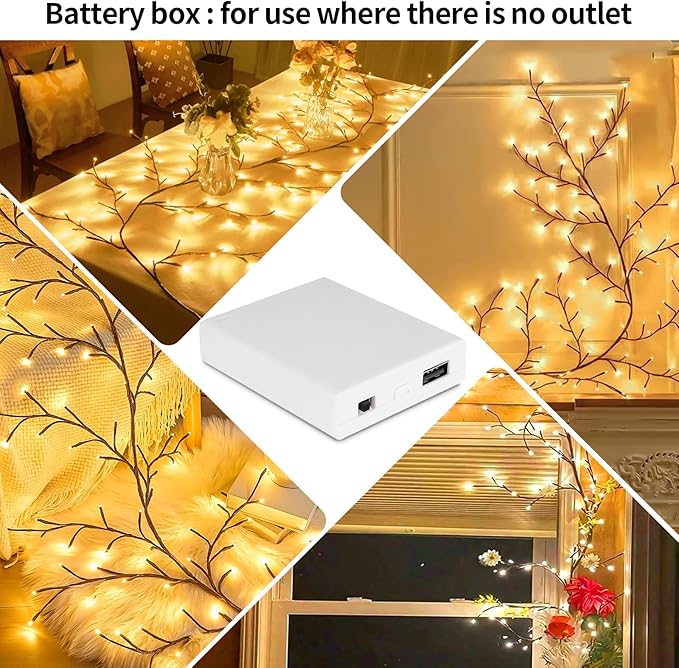 Enchanted Willow Vine Lights 7.55FT 144LED 1 PCS Brown Tree Branch Lights for Wall, Remote Timer,8 Light Model,Bedroom Wall Doors Wedding, Christmas, USB Battery Box