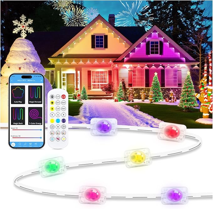 Permanent Lights for Outside House, 50 FT RGB Outdoor Lights, App, Bluetooth Music, Ip67, Christmas Permanent Led Outdoor Lighting for Soffit Fence Garage Landscape Patio.