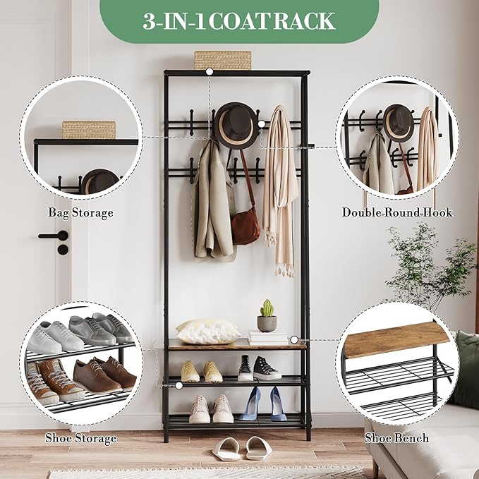 Jojoka 25" Coat Rack, Hall Tree with Shoe Bench and Storage, 4-Tier Shelf with 10 Hooks, Freestanding Metal Entryway Organizer for Hallway, Accent Furniture for Bathroom