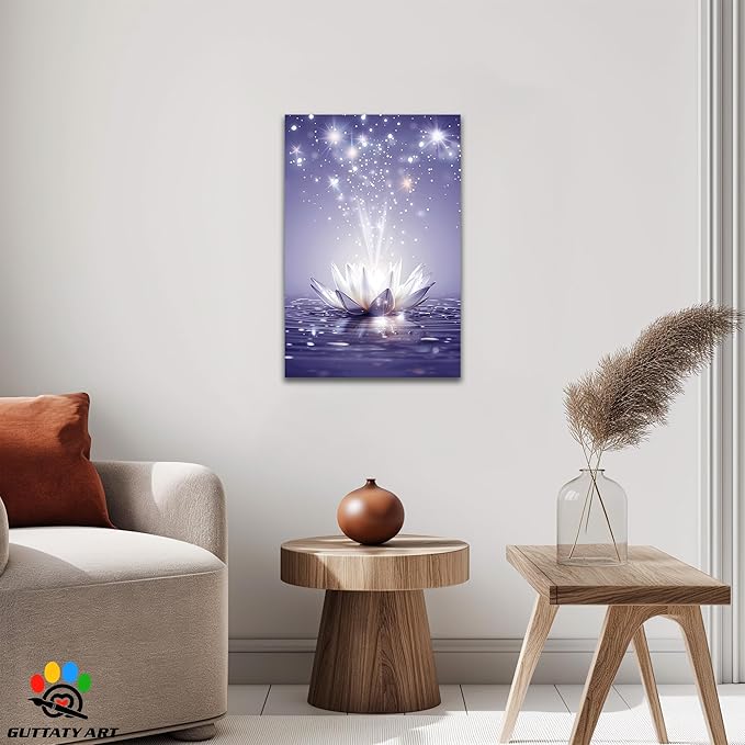 Zen Canvas Wall Art, White Lotus Flower Bloom in Water Picture, Zen Blue Flower Painting, Modern Framed Spiritual Home Artwork for Yoga Spa Meditation Spiritual Room Living Room Office 12x18 inch