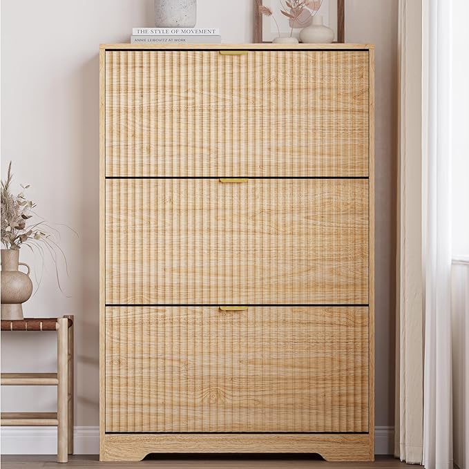 Entryway Shoe Cabinet with 3 Flip Drawers, Narrow Shoe Organizer Cabinet with Fluted Panel and Adjustable Shelves for Foyer, Hallway