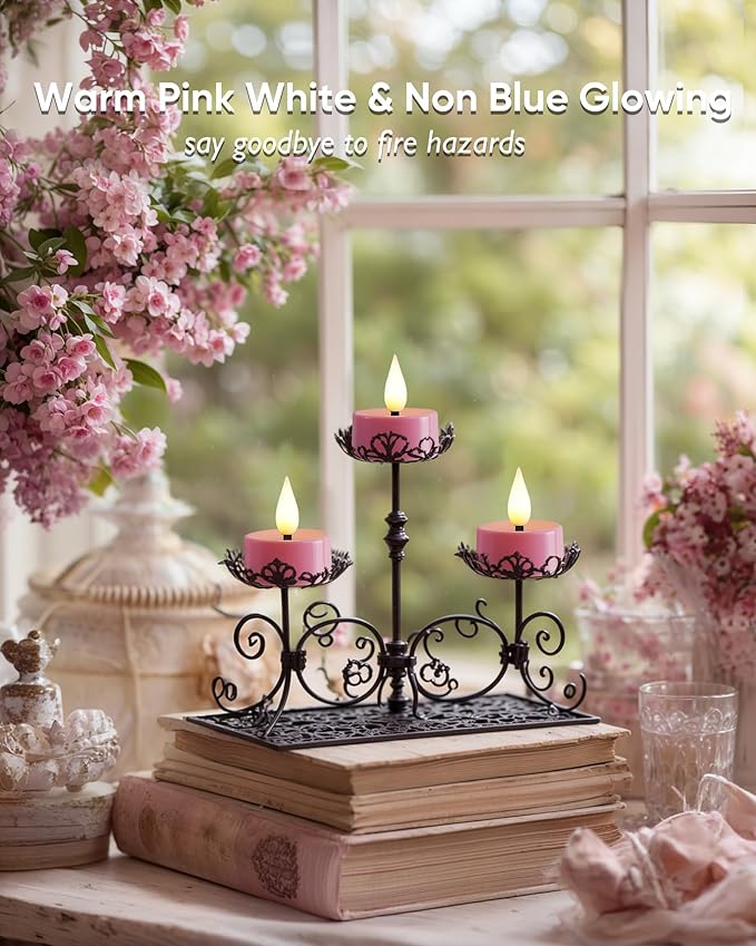 Amagic Flameless Pink Timer Remote Tealights Candles, 3D Black Wick Flickering Tea Light, 300+Hour Colored Votive Candles Battery Operated, Set of 12 for Romantic Wedding Decor, Baby Showers, Proposal