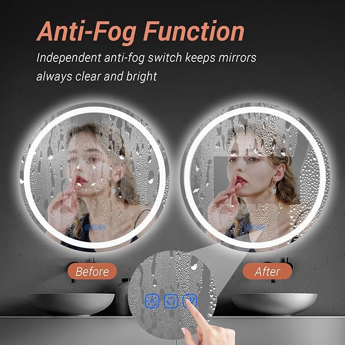 24” Circle LED Bathroom Mirror Round LED Mirror Bathroom Vanity Mirror with Lights Wall-Mounted Front & Backlit,Stepless Dimming,Smart Memory Touch,Anti-Fog,Shatterproof for Modern