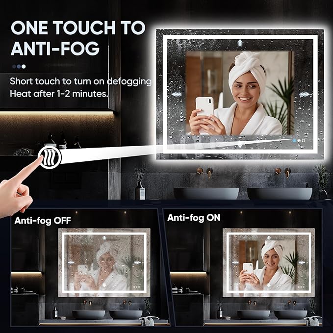 LED Bathroom Mirror, 48"x36" with Frontlit and Backlit Anti-Fog Mirror with Lights LED Vanity Mirror for Bathroom 3 Colors Temperature & Dimmable Bathroom Mirror with HD Tempered Glass