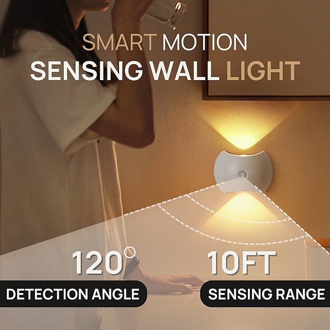 Battery Operated Wall Sconces Set of Two, Rechargeable Wireless LED Wall Lights — Motion Sensor, No Drill Magnetic Mount, 3 Modes, for Bedroom Hallway Stairs, White