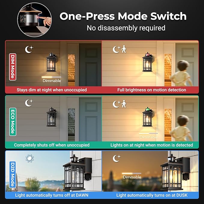 Motion Sensor Outdoor Lights Wall Mount with GFCI Outlet, Dusk to Dawn Exterior Light Fixture, 100% Anti-Rust Aluminum Waterproof Outside Wall Lighting for House, Black 2-Pack, Non-Solar