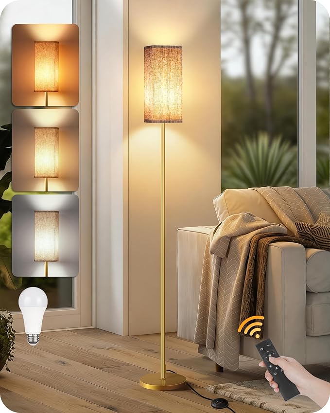 64.2” Dimmable Floor Lamp for Living Room with Remote and Foot Switch, Corner Floor Lamp for Bedroom, Includes 10W A19 Bulb, Modern Standing Tall Lamp, ETL Listed, Beige and Gold DE17LD05