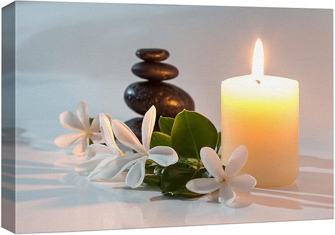 wall26 Canvas Print Wall Art Tropical White Flowers Massage Stone Spa Candles Yoga Nature Photography Realism Rustic Scenic Landscape Colorful for Living Room, Bedroom, Office - 16"x24"