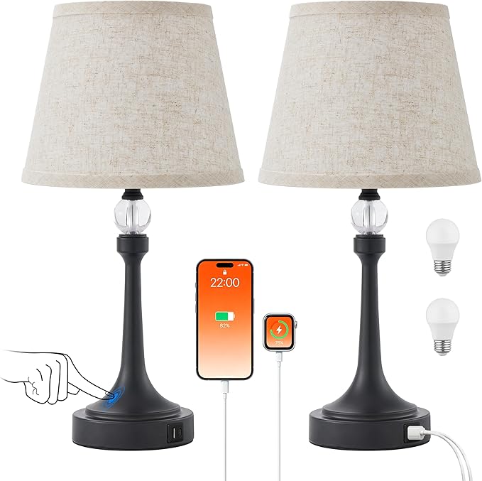 19.7'' Touch Table Lamps for Living Room, Small Lamp for Bedroom with USB C+A Ports, Dimmable Touch Lamps Set of 2, Reading Desk Lamp for Office, Metal Bedside Lamps, Bulbs Included, Black