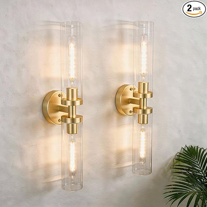 Wall Sconces 2-Pack, Hardwired Bathroom Light Fixtures, Modern Farmhouse Vanity Wall Lighting with Clear Glass Shades, E26 Base Wall Sconce Wall Lights for Bathroom Wall Decor, Gold