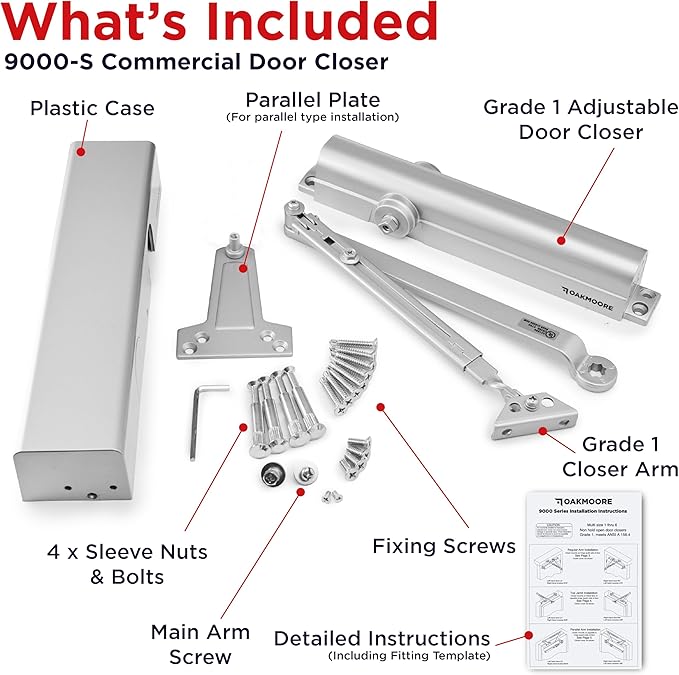 Heavy Duty Commercial Door Closer, ADA UL Grade 1 Listed Automatic Self Closing Door Hinges, Door Closers Commercial High Traffic, Auto Door Closer, Hydraulic Spring Soft Close (Silver)