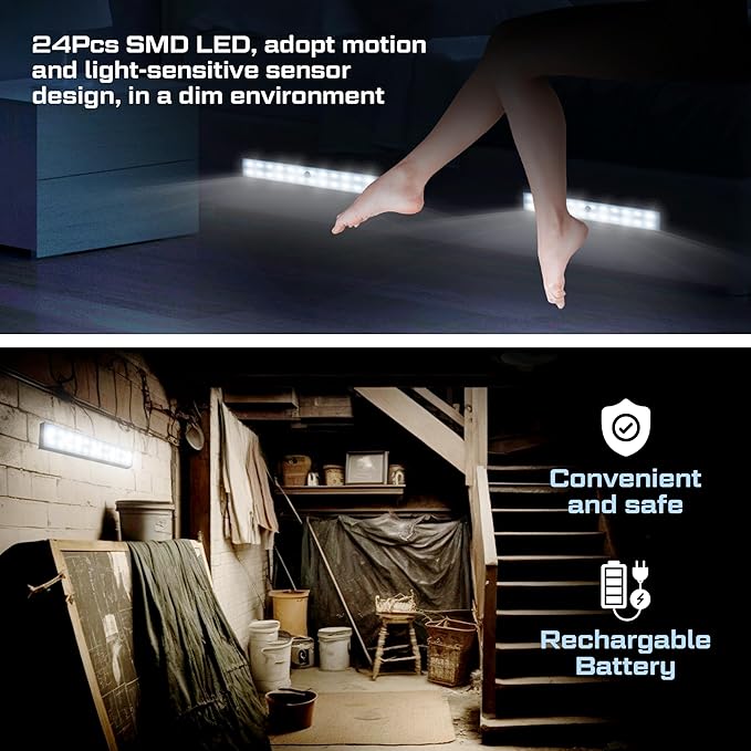 Moss & Stone 3 Pack Motion Sensor Under Counter Lights, Wireless USB Rechargeable Kitchen Night Lights 24-LED, Magnetic Self-Adhesive for Cabinet Lighting & Cupboard Motion Activated Night Light Bar