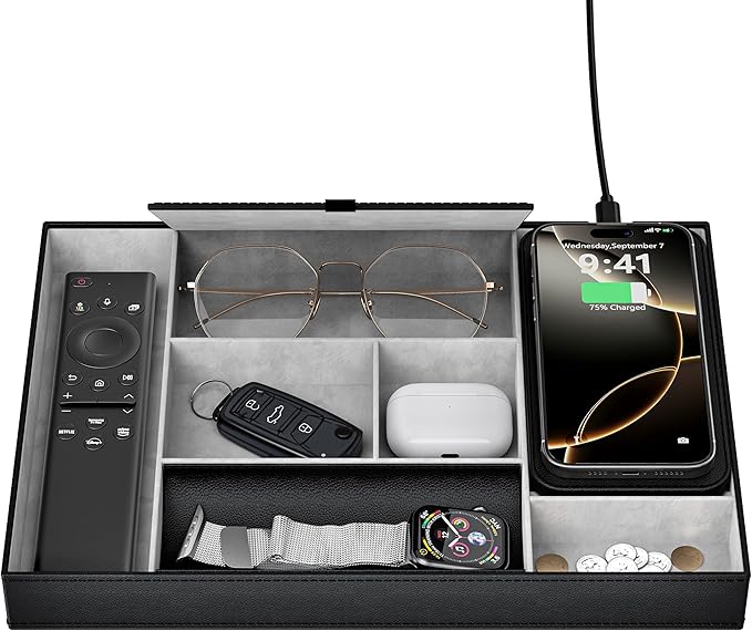Leather Valet Tray with Wireless Charging Pad - Luxury EDC Nightstand Organizer for Men - Premium Desk Tray for Phone, Watch, Glasses & Keys - Sleek Office Desk Accessories & Gift for Him (Black)