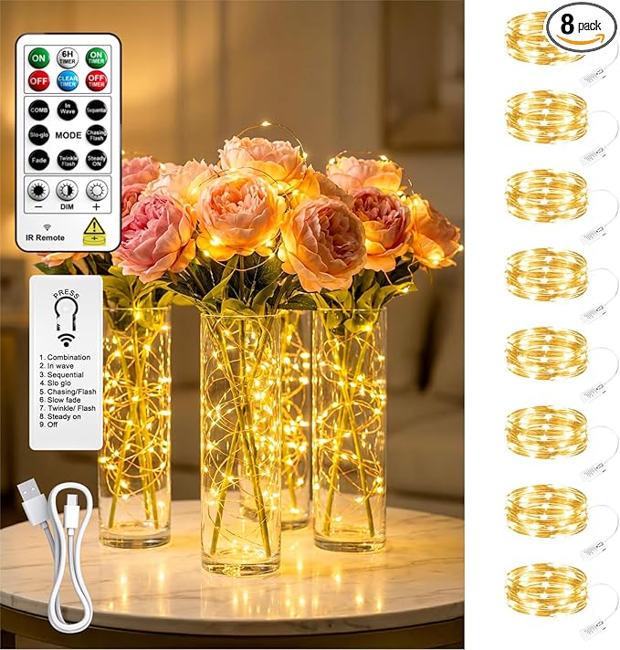 8 Pack Rechargeable Fairy Lights with Remote & DIY Timer, 7ft 20LED Dimmable Silver Wire String Light for Mason Jar, Mini Twinkle Lights for Indoor Christmas Bedroom Wedding Decor, Warm White