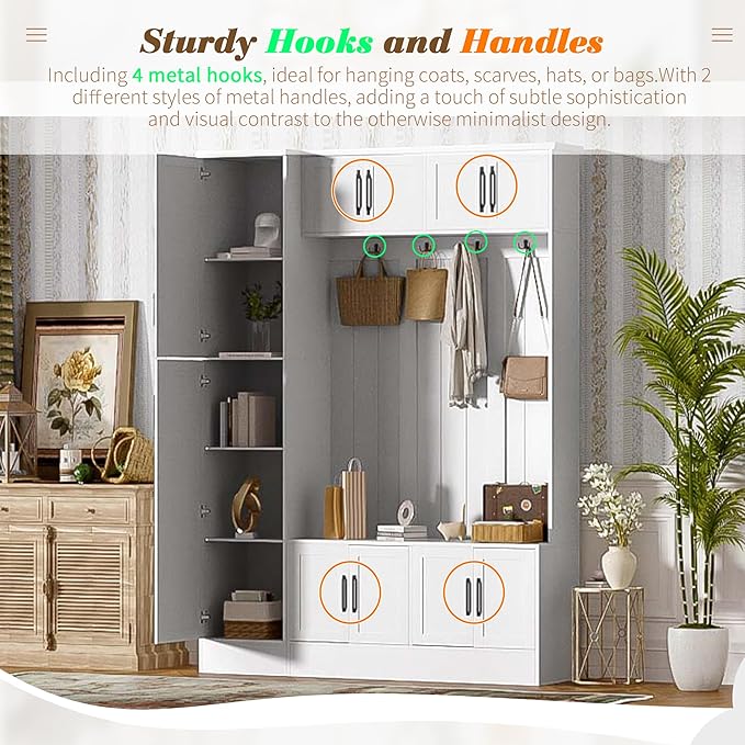 79'' Tall Modern Hall Tree with Shoe Storage and 4 Coat Hooks, 4-in-1 Entryway Bench with 6 Cabinets and Adjustable Shelf for Hallway, Living Room (White/33f)