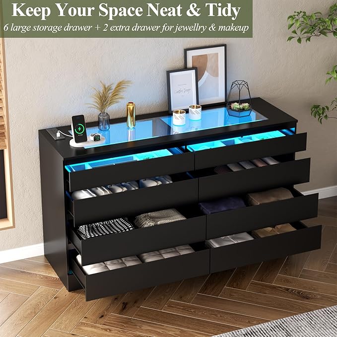 8 Drawer Dresser with Power Outlet, Modern Chest of Drawers with LED Light & Glass Top, Wood Double Dresser TV Stand with Organizer Storage for Bedroom, Living Room, Closet (Black)