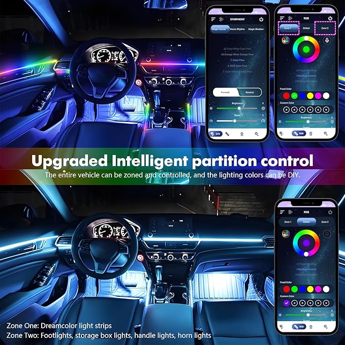 New Version Dreamcolor Acrylic Car Interior Lights 10 in 1 RGB LED Strip Lights APP Control Zoned Control System 252 Color Modes DIY Fiber Optic Ambient Lighting Kits Music Car Neon Light Kits