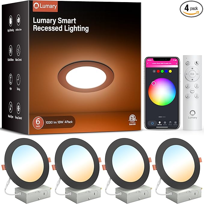 Lumary Smart Recessed Lighting 6 Inch, Color Changing LED Recessed Lights with J-Box 13W 1000LM, Dimmable Canless Wafer Downlight, Work with Alexa/Google Assistant, ETL Listed, 6Inch 4 Pack, Black