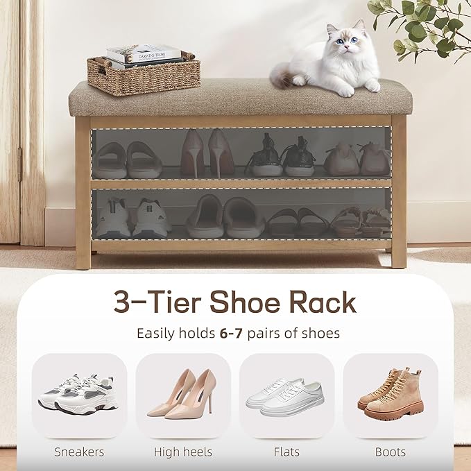 2 Tier Shoe Rack Bench with Cushion, Solid Wood Shoe Benches, Mid-Century Modern Shoe Storage Bench for Entryway, Hallway, Living Room, Closet, Front Door Entrance, (Brown, 31.5")