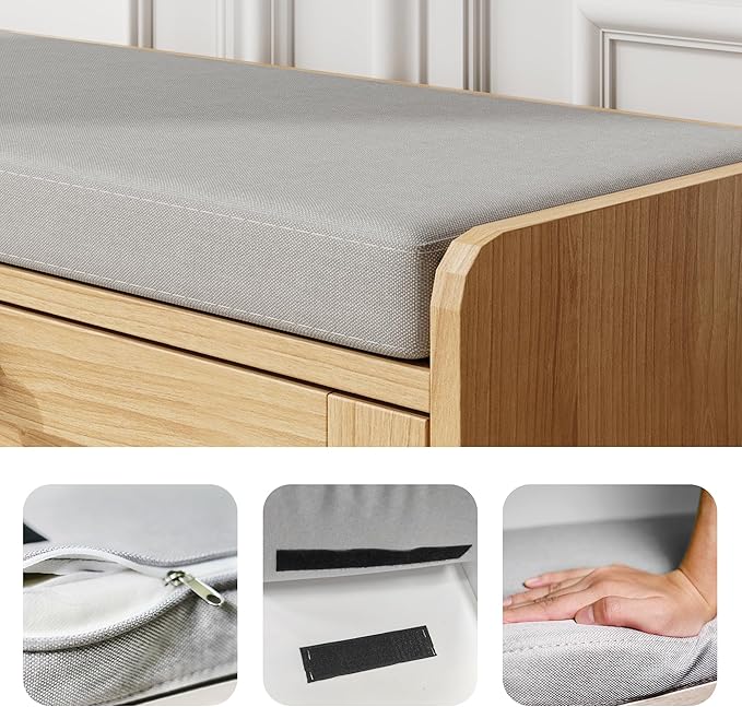 MHOM Oak Modern Entryway Bench with 2 Flip Drawers, Shoe Rack with Padded Seat Cushion, Wooden Storage Bench for Entryway and Hallway