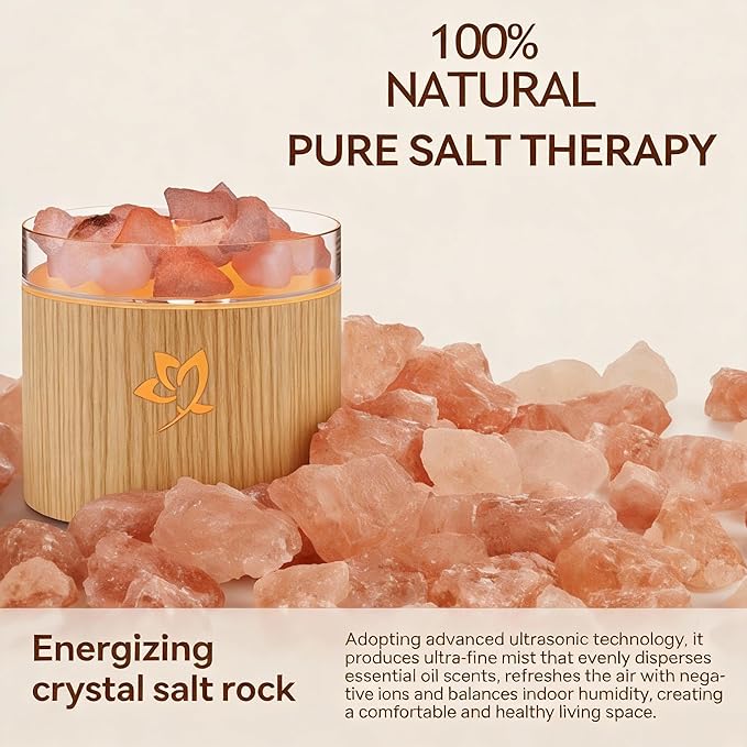 4-in-1 Ultrasonic Crystal Salt Stone Aromatherapy Diffuser & Humidifier - 7-Color LED Dreamy Flame Light, Auto Shut-Off, 2 Modes | Home/Office/Yoga (Wood Grain)