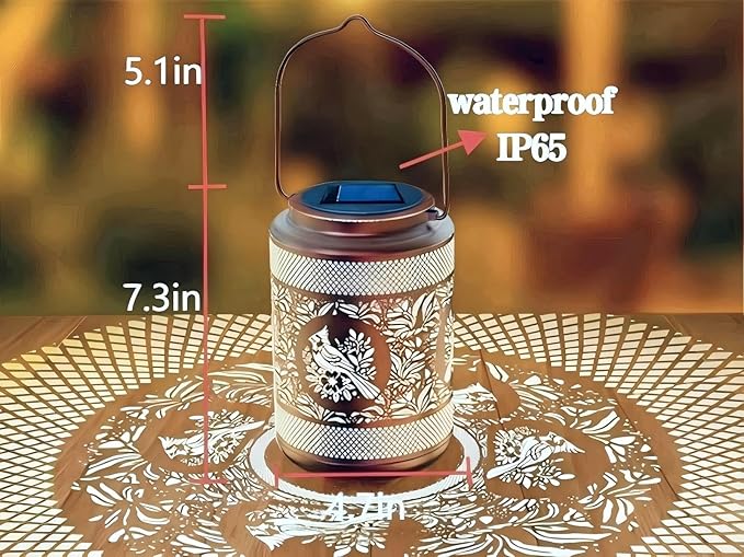 Solar Lantern with Hollow Metal Design, Garden Hanging Light, Copper Color for Outdoor Yard,Patio,Garden Decor (1)