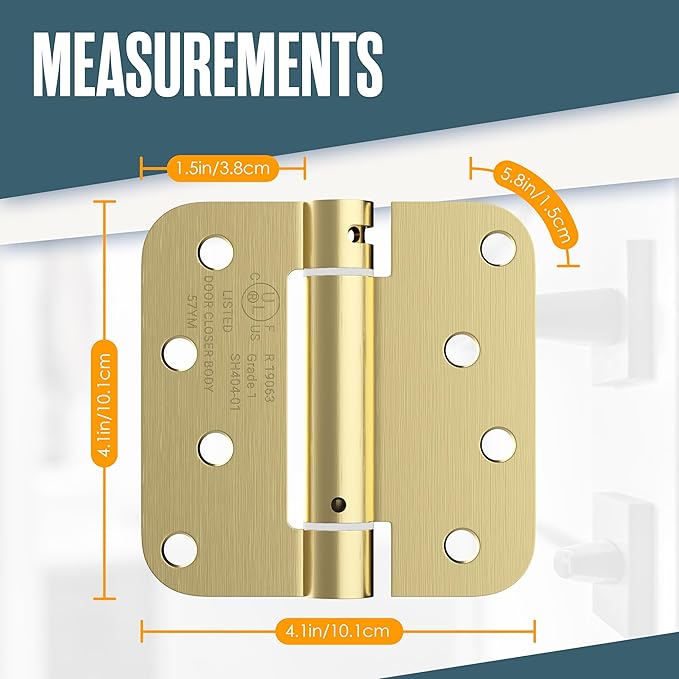 Self Closing Door Hinges, Spring Hinge Door Closer, Spring Loaded, Auto Close, 4 Inch, Automatic Closer, Auto Shut For Interior, Garage, Exterior, Adjustable Tension, 5/8” Radius Corner, Brass, 2 Pack
