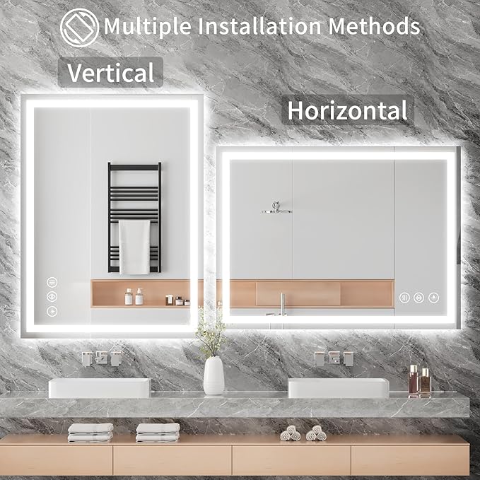 Koonmi 36x48 LED Bathroom Mirror, Backlit + Front Lit, LED Bathroom Mirror with Lights for Wall, 3 Colors, Anti-Fog, Dimmable Brightness, Memory Function, Tempered Glass